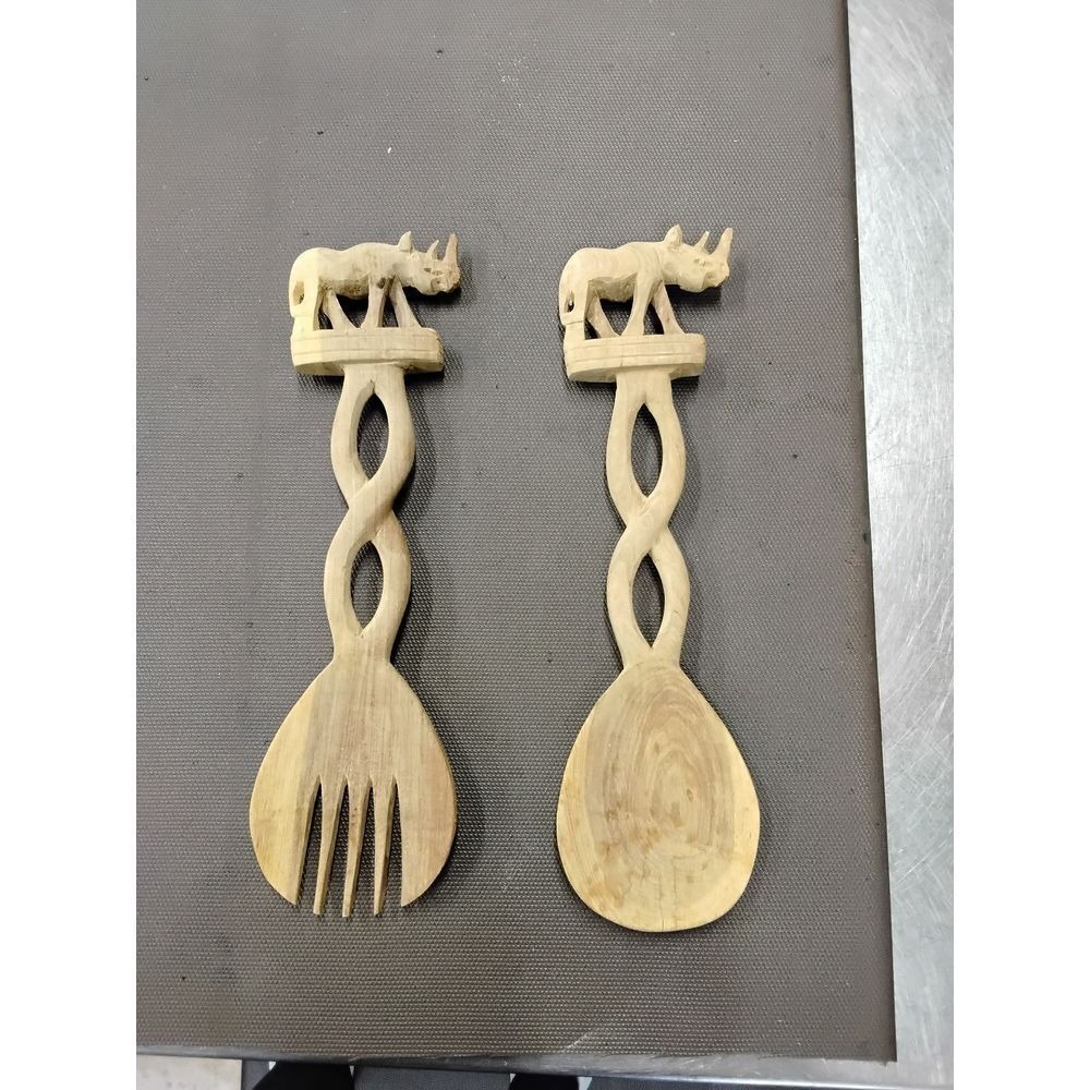 Handcarved Wooden Rhino Salad Servers African Safari Kitchen‎ Utensils Set